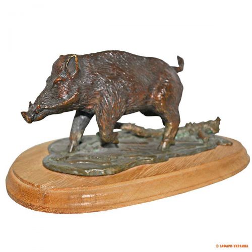 Бронзова статуетка на дерев`яній підставці Wild Boar Bronze Statue 