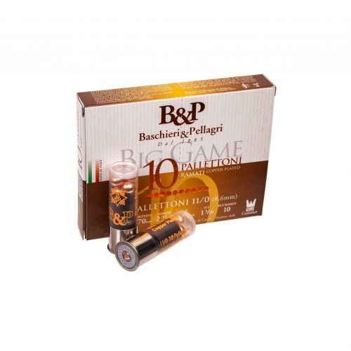 Патрон B&P Big Game Pallettoni High Velocity 11/0, кал.12/70, картечь омедненная 8,6мм (10 шаров), 37г Патрон B&P Big Game Pallettoni High Velocity 11/0, кал.12/70, картечь омедненная 8,6мм (10 шаров), 37г