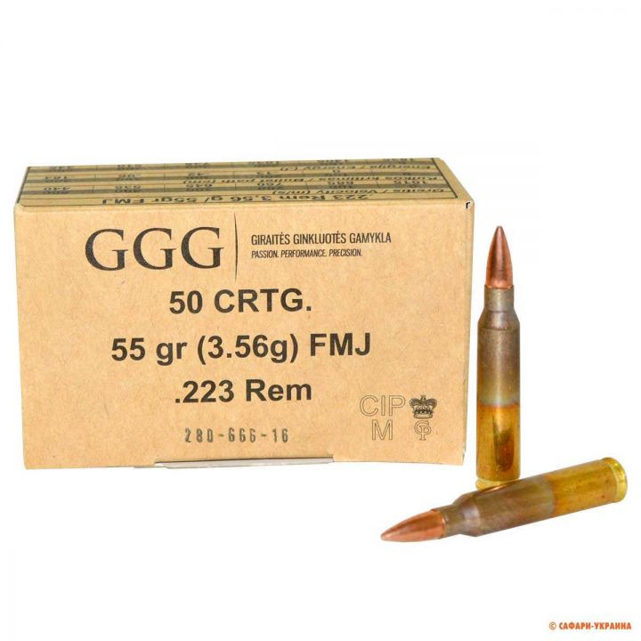 Патрон нарізний GGG кал.223 Rem. тип кулі: FMJ, вага: 55grs / 3.56г 