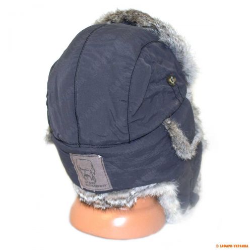 Зимняя шапка-ушанка Mad Bomber Grey Supplex, с мехом кролика, темно-синяя