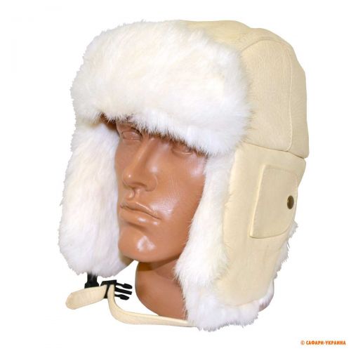 Зимова шапка з хутром кролика Mad Bomber Leather Bomber, біла, натуральна шкіра 