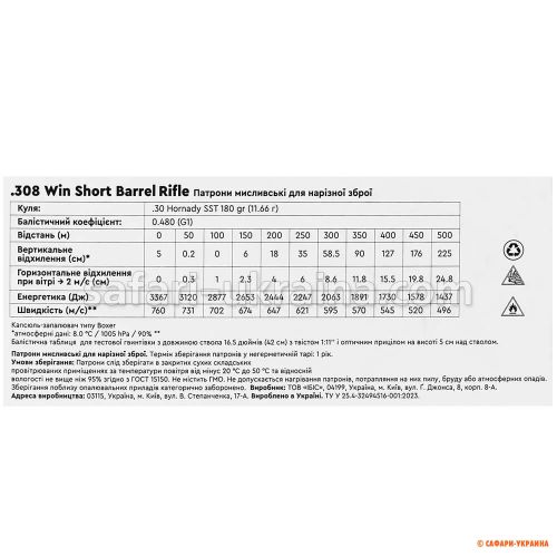 Патрон STS кал .308 Win Short Barrel, пуля Hornady SST, 180 grs. /11,66 gr.