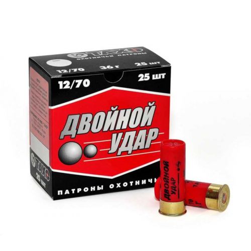 Охотничий патрон Тахо Двойной Удар, кал.12/70, дробь №4+7, навеска 36 г